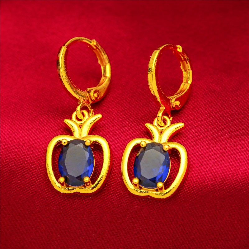 Anting Lapis Emas Asli Kadar 375 Bentuk Apel Aksen Sapphire Emerald Zircon Untuk Wanita