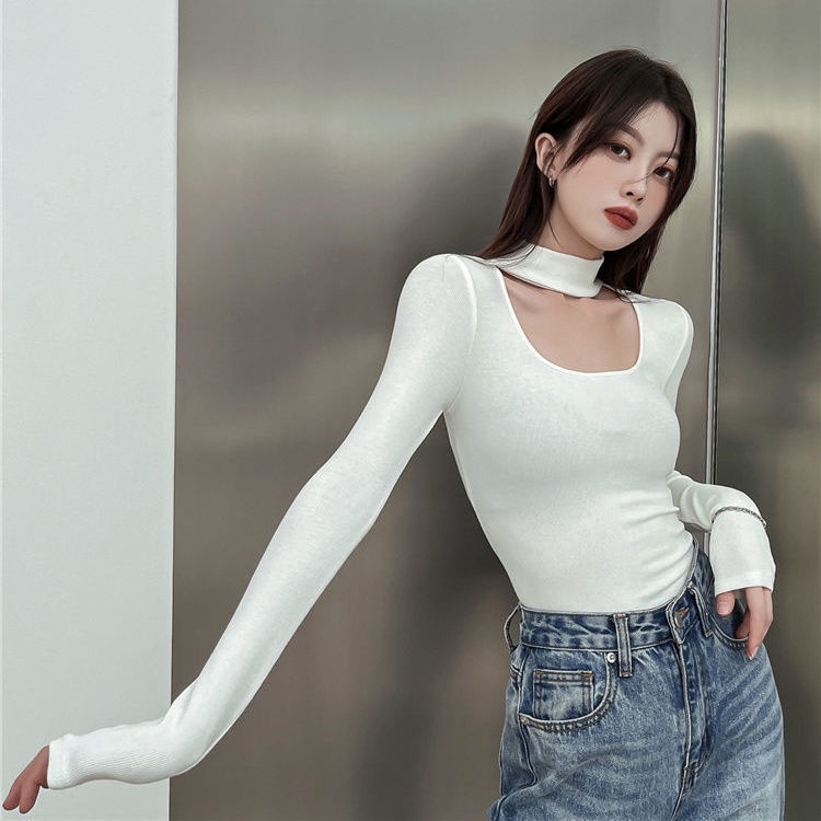 #Sisjuly# Kaos Atasan Kaos Halter Berongga Berleher Turtleneck Seksi