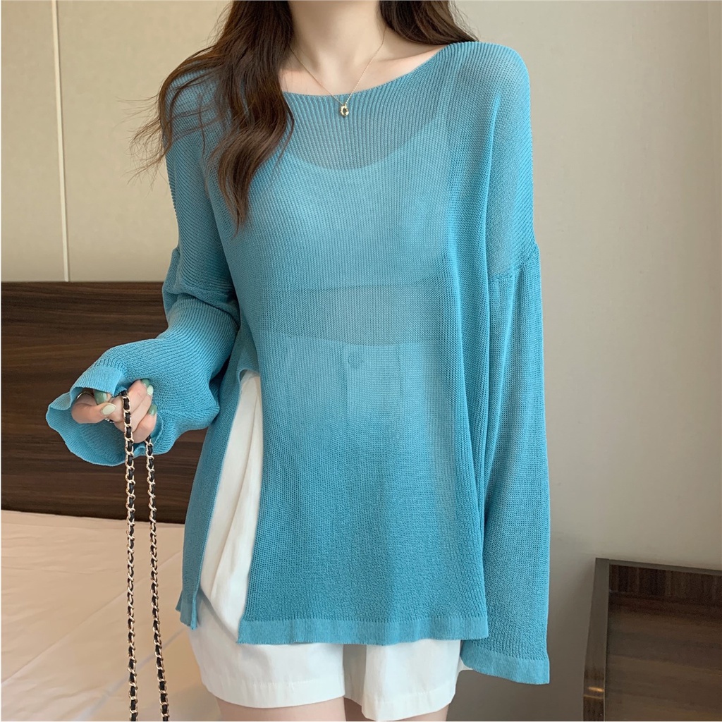 Putih Es Sutra Rajutan Sweater Wanita Musim Panas Tipis AC Kemeja Suspender Rok dengan Baju Hollow T