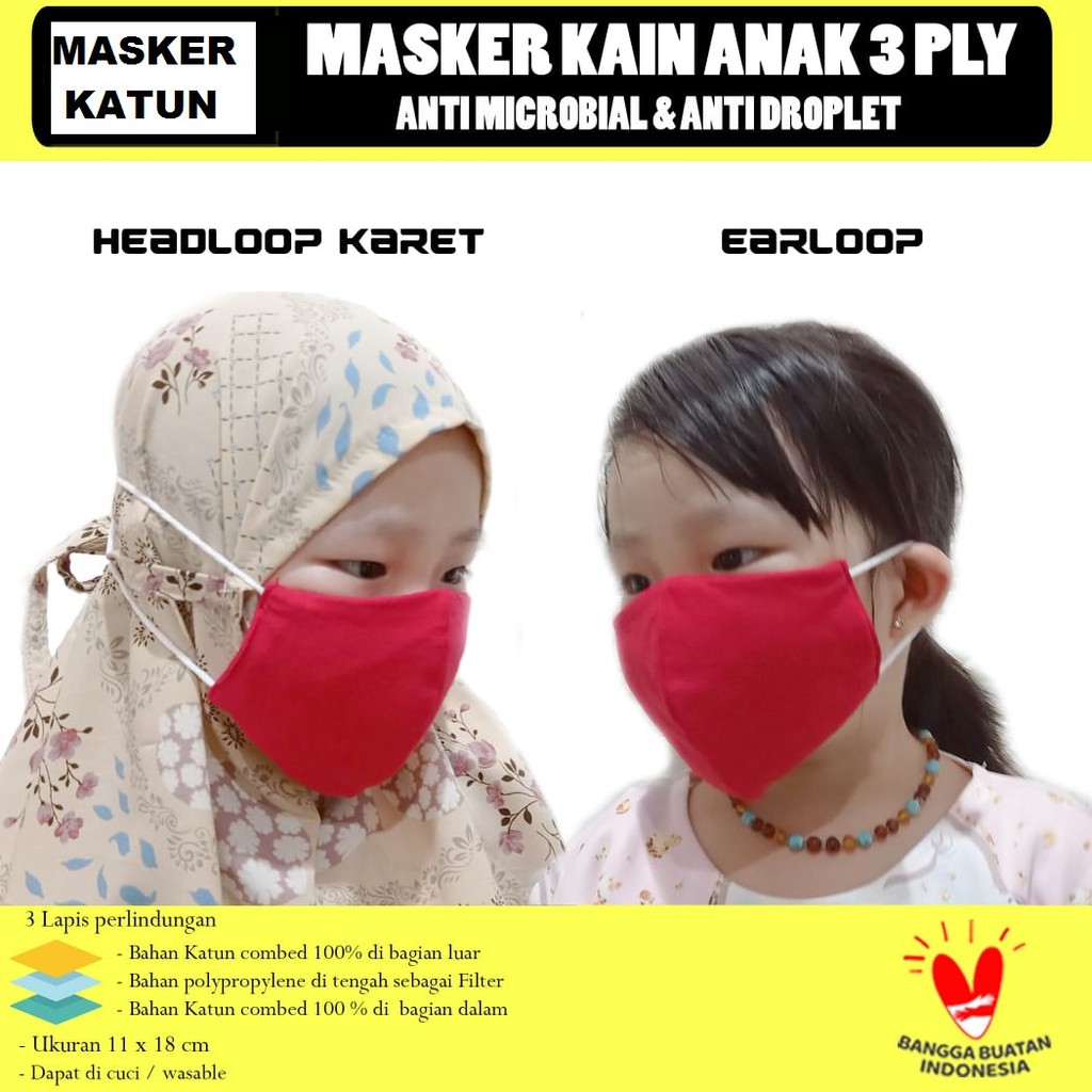 3 Lapis Masker Anak Kain Katun Lembut Optimal Menahan Droplet Model Polos 3 Ply ATM - Non Medis