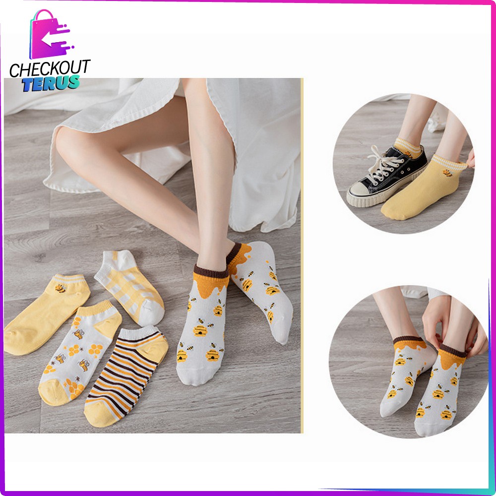 CT P188 Kaus Kaki Semata Kaki Wanita Dewasa Motif Kuning Lebah Gaya Korea Kaos Kaki Pendek Wanita Fashion