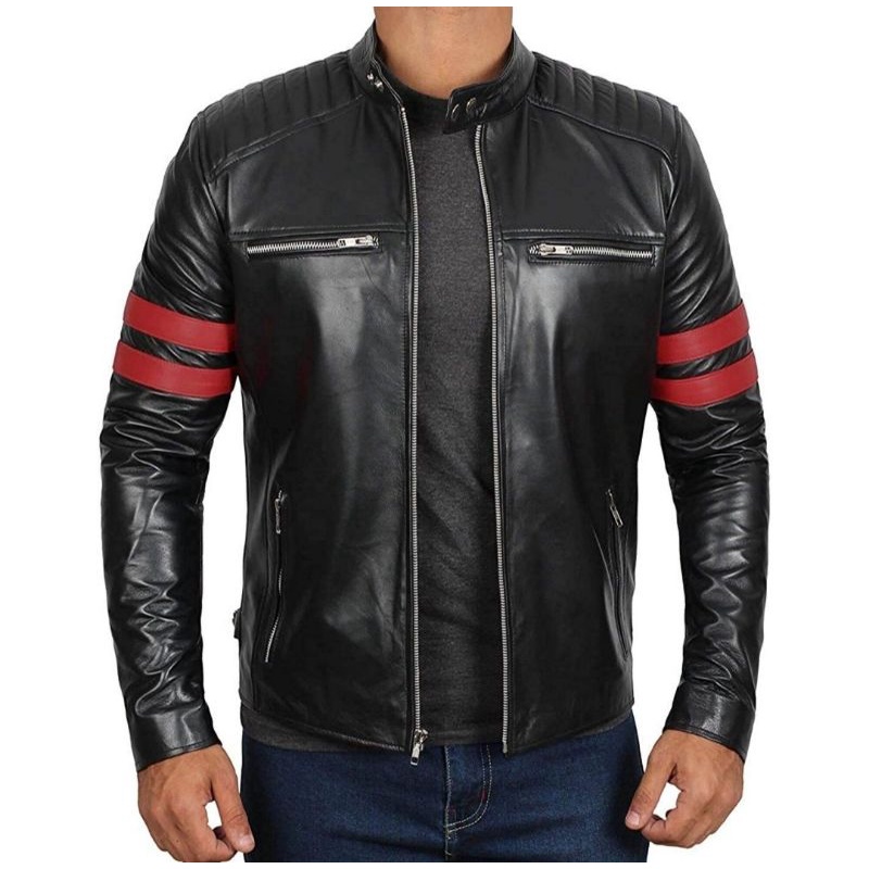 JAKET PRIA KULIT ASLI DOMBA SUPER/JAKET KULIT MOTOR/JAKET KULIT RACING KOMBINASI MERAH