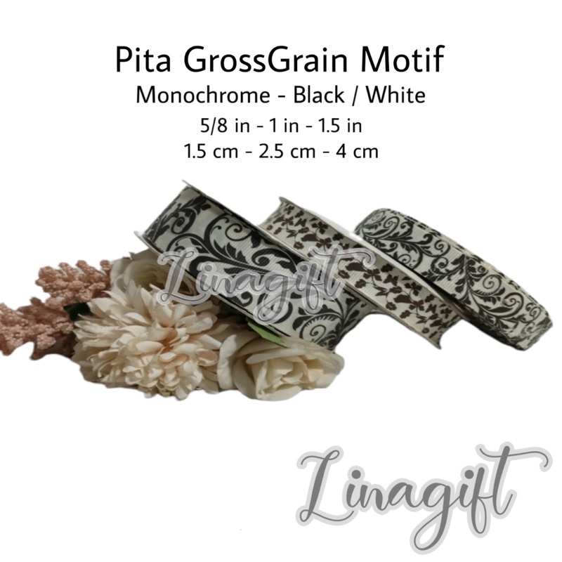 ( Meter ) PITA GROSS GRAIN MONOCHROME (MADE IN TAIWAN) 1 INCH / 2.5 CM/ 5/8 IN GROSSGRAIN BUNGA/ FLOWER/ BATIK FLOWER BLACK AND WHITE / HITAM PUTIH / CLASSIC / VINTAGE DIY HIASAN KADO / PARCEL / HAMPERS DEKORASI FOTO RUANGAN