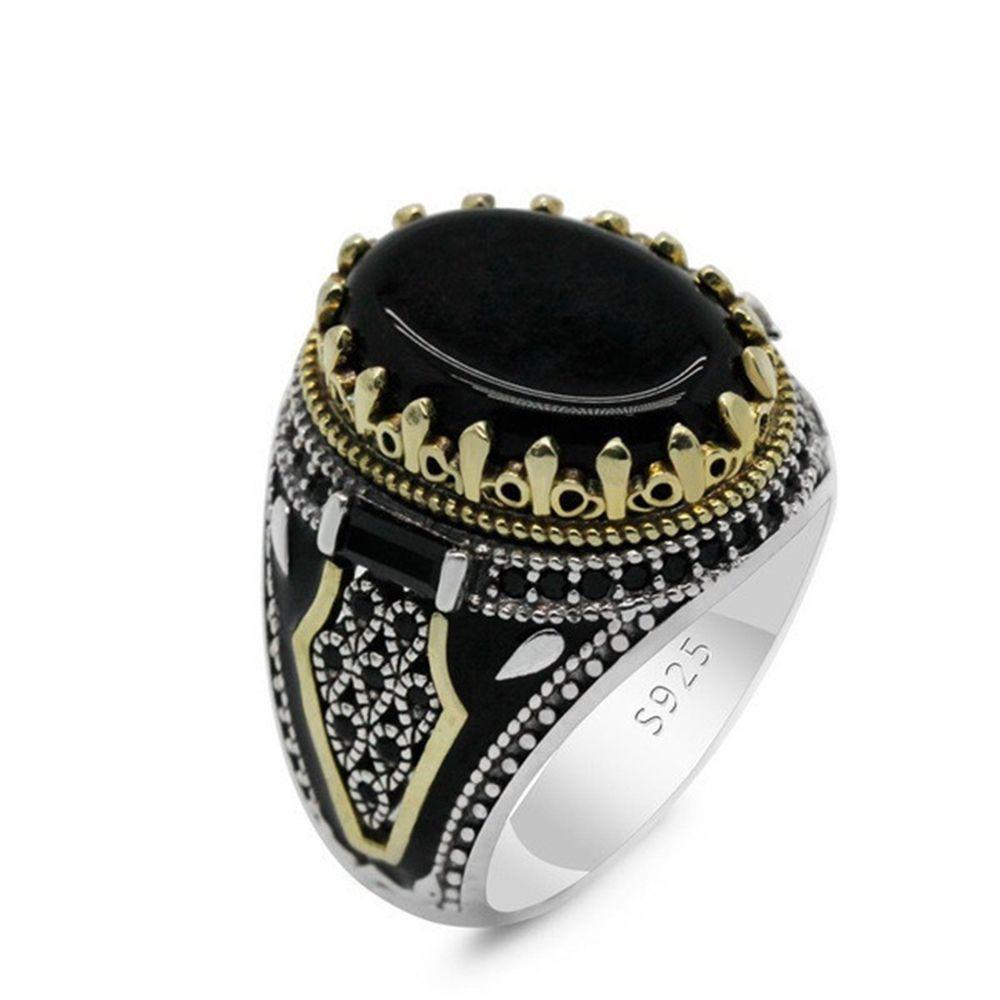 R-flower Cincin Pria Pesta Perhiasan Retro Religi Dengan Batu Onyx Hitam