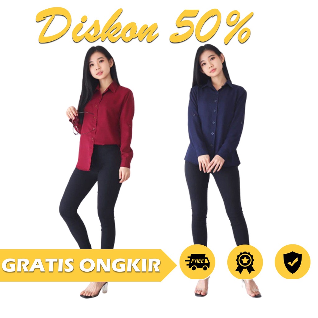 Kemeja Wanita Bahan Premium Polos Atasan Murah Formal Varian Warna Size M L XL  Lengan Panjang Ld 96