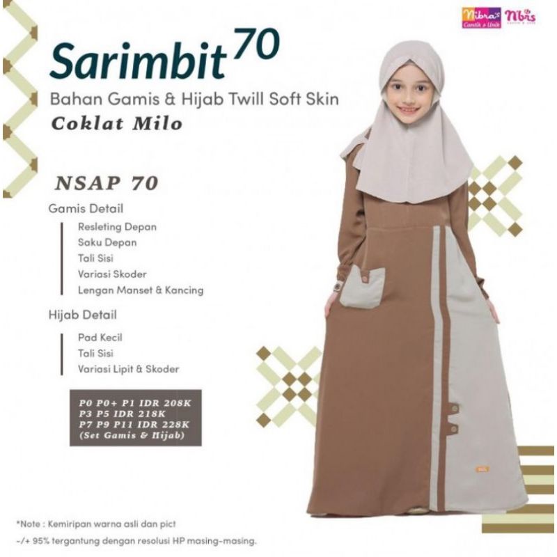Gamis anak set hijab nibras nsa 070 warna coklat milo size P0 untuk  usia 6bln-1 th.  Gamis anak Nib