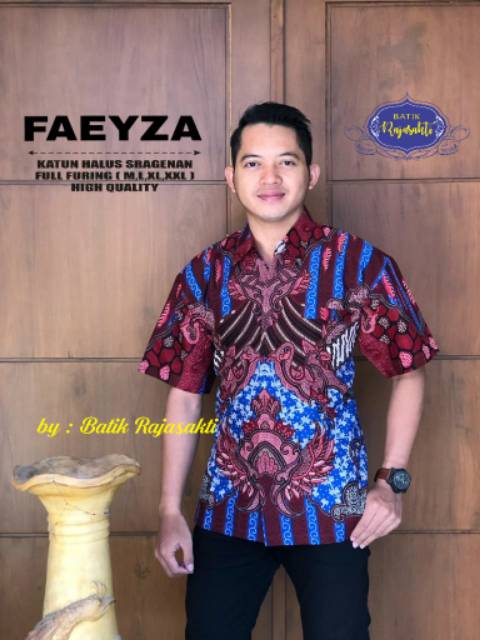 Batik Solo FAEYZA MERAH BIRU Kemeja Pria Katun Halus Sragenan Full Furing