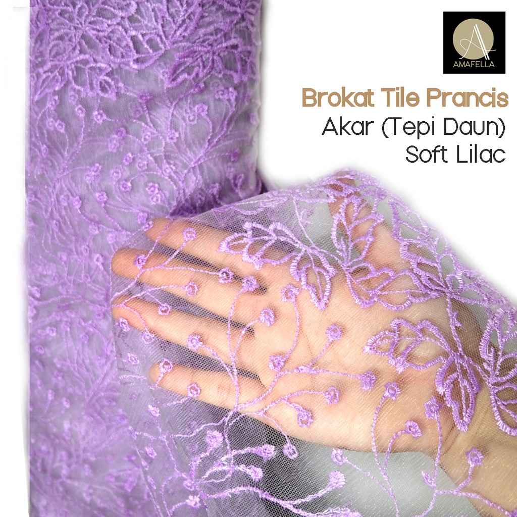 1/2 meter Kain Brokat Tile Prancis Bahan Kebaya Motif Akar Soft Lilac