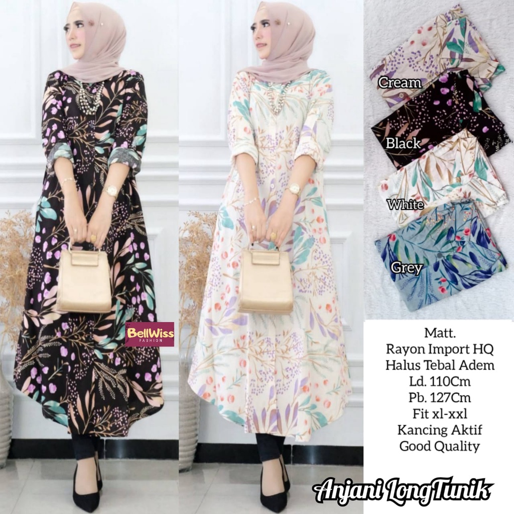 anjani long tunik by bellwiss ld 110 allsize busui fit xl-xxl long tunik bahan rayon import motif bu