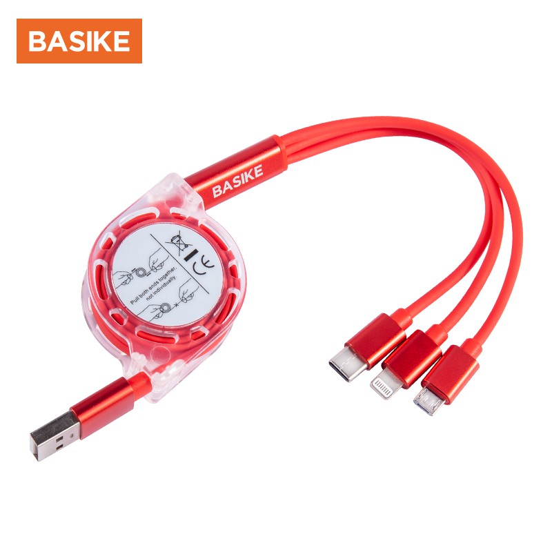 Kabel Data 3 in1 Micro+Lightning+Type-C Telescopic cable iPhone Fast Charging Xiaomi Samsung Vivo-BSK-CH12 red
