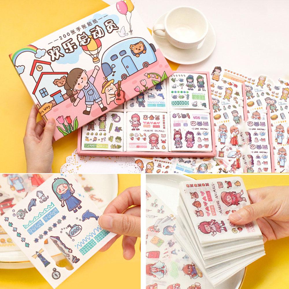 Agustinina Kawaii Stiker Set 200lembar/Box Kotak Hadiah DIY Scrapbooking Tahan Air Minum Makanan Hewan Perempuan Pola PET Perekat Decals