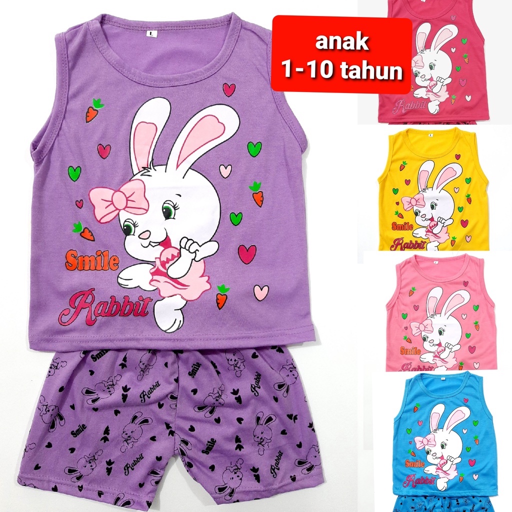 setelan kaos 1- 10 tahun singlet celana pendek anak perempuan pakaian cewek rabbit kelinci  grosir