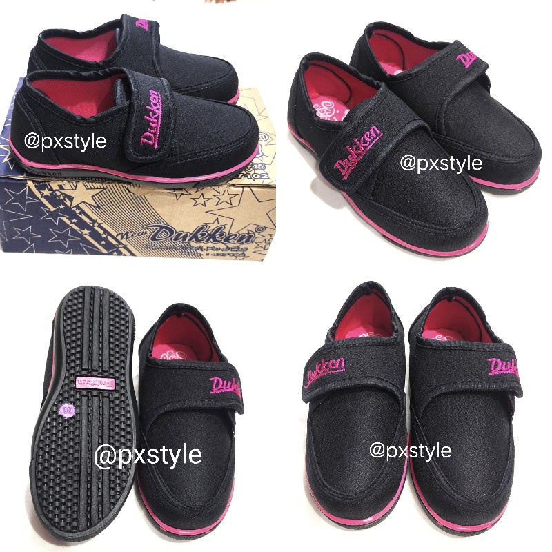 Sepatu Anak Sekolah Perempuan Model Perekat/Sepatu Sekolah Hitam Anak Cewe Polos/Sepatu Anak TK SD Merk Duken