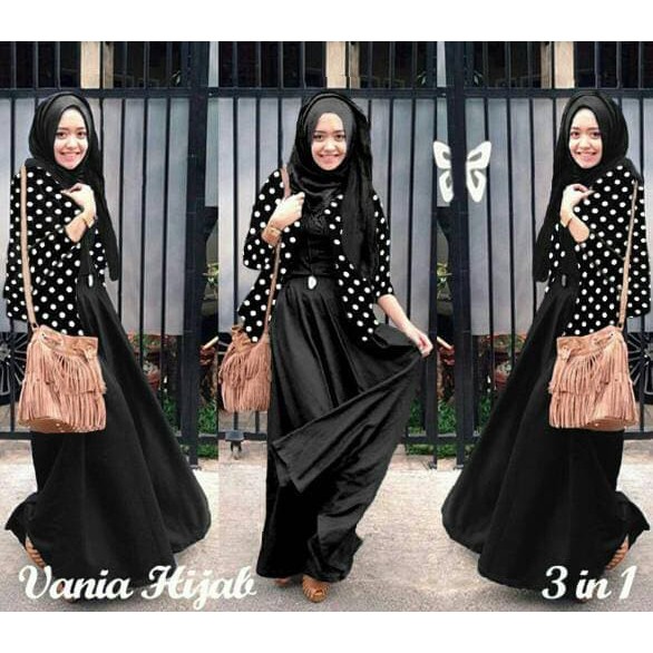pakaian Gaun muslim ibu islami aop setelan st hijab 3IN1 VANIA ONDE HITAM /  longdress maxi muslim u