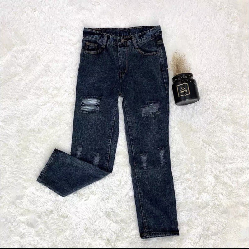 Celana Jeans Boyfriend Samanta Snow Black / Boyfriend Sobek Lapis