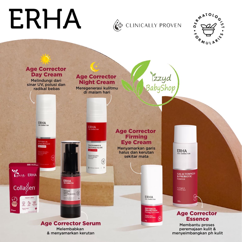 Erha Age Corrector essence 100ml, serum 20ml, day moisturizer 30gr, night moisturizer 30gr cream malam siang, facial wash 90 ml