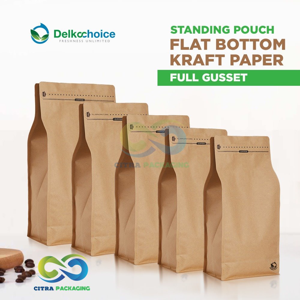KEMASAN MAKANAN STANDING POUCH ZIPLOCK FLAT BOTTOM KRAFT PREMIUM DELKOCHOICE