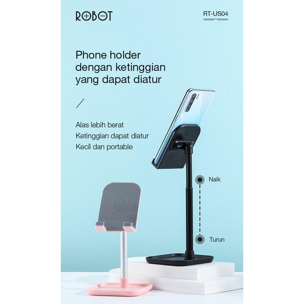 ROBOT RT-US04 PHONE HOLDER TABLE RT US04 FOLDABLE SMARTPHONE STAND HP IPAD ALLUMUNIUM ALLOY