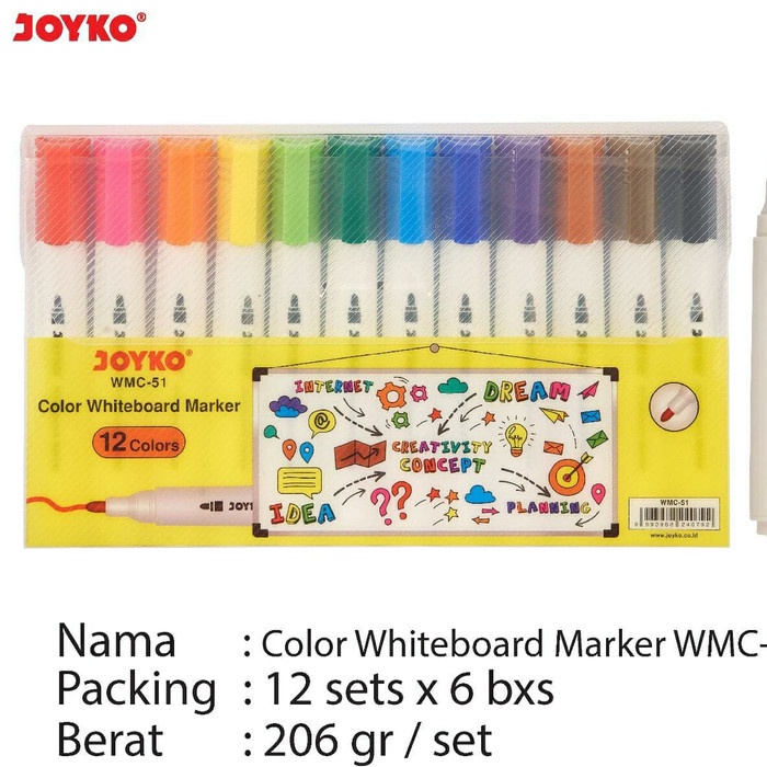 

TULIS-ALAT- SPIDOL WHITEBOARD PAPAN TULIS WARNA WARNI 1 SET ISI 12 JOYKO WMC51 -ALAT-TULIS.
