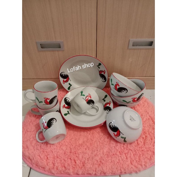 piring makan set ayam jago/piring makan porcelain/dinner set makan ayam jago