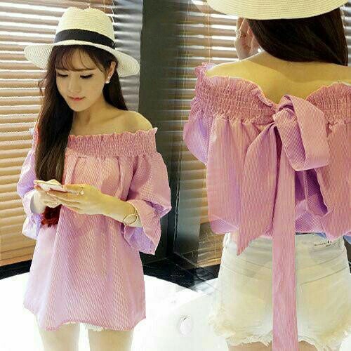 blouse wanita katun merah [lina stripe sabrina red RO]