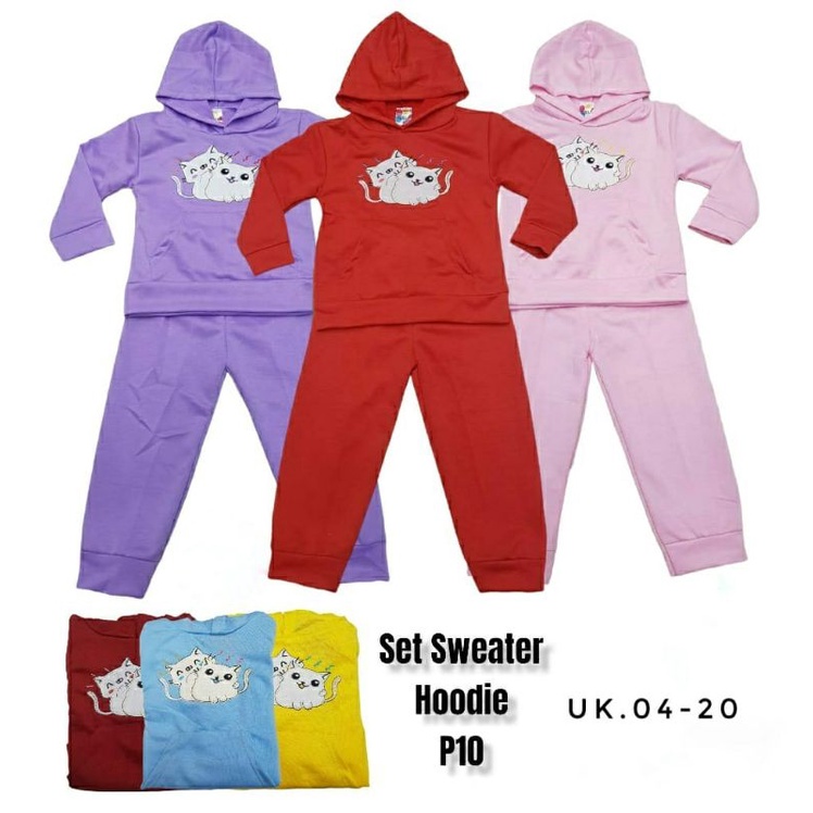 SETELAN SWEATER HOODIE ANAK PEREMPUAN MOTIF KUCING UMUR 2-7 TAHUN