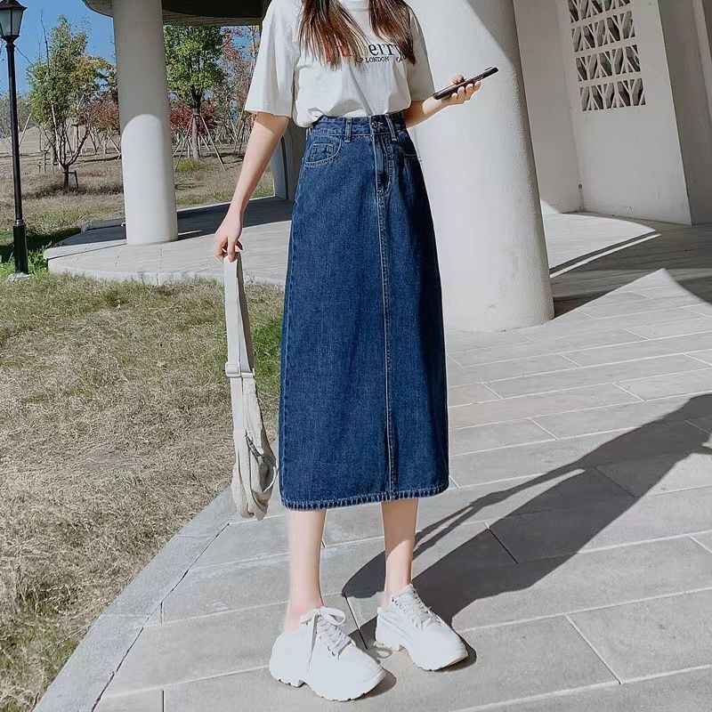 New Korean Rok Jeans Panjang Wanita kembali Slit skirt midi
