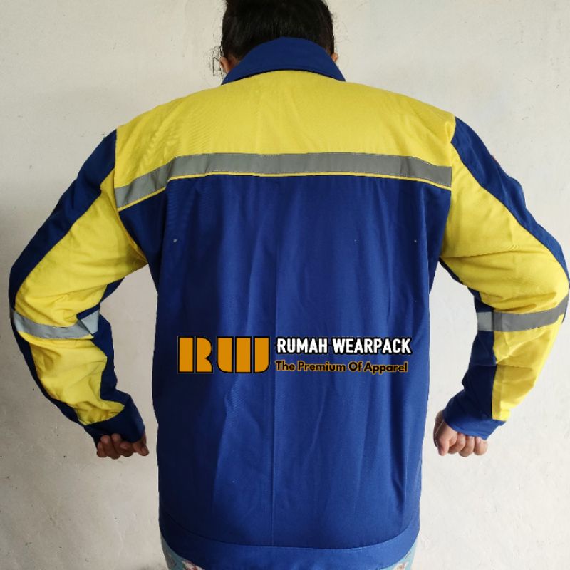 Wearpack Kerja/ Baju Proyek/ Seragam Kerja Warna Biru Benhur Kombinasi Kuning