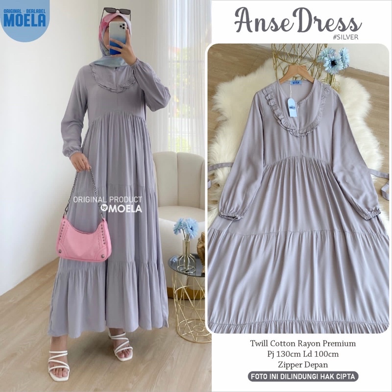 Gamis dress rayon polos Amora/Anse/Celin/Baisa/Biumi/Molin/Ciaji/Jihas/Flate/Tosti/Milly/Tisa/Siuti/Chesa/Fimel/Yapi/Lilci/Balo/Polse/Rensi/Silom/Neta/Rome by Moela berlabel-Anse silver