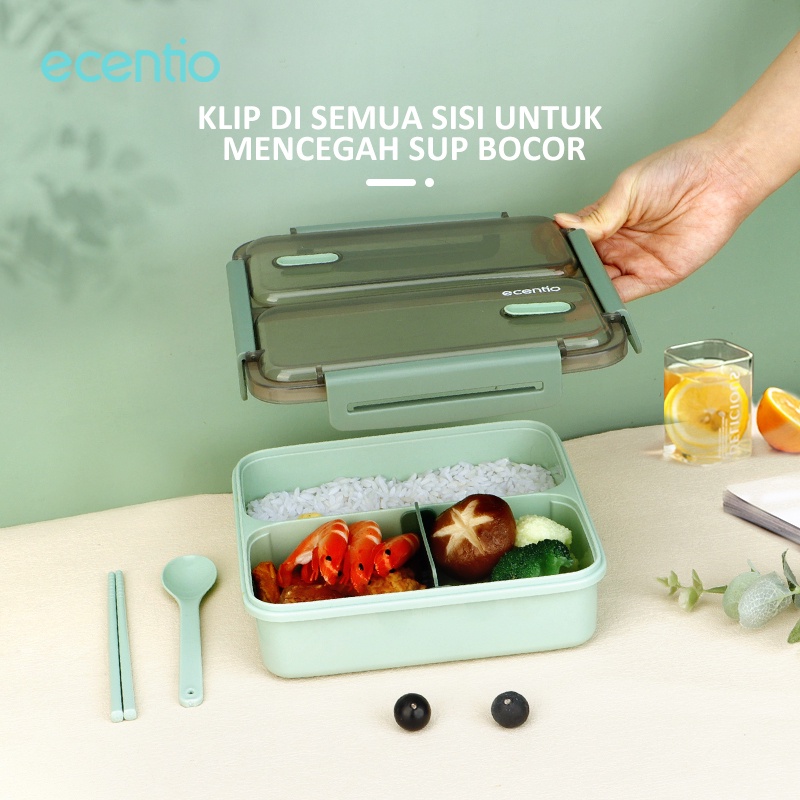 ecentio kotak makan 1100ml anti bocor 3 grid sekat lunch box anti tumpah tempat makan Wadah bekal free sendok&amp;sumpit