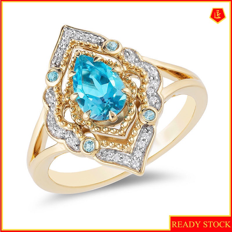 [Ready Stock]Elegant Exquisite Blue Topaz Hollow Pattern Ring