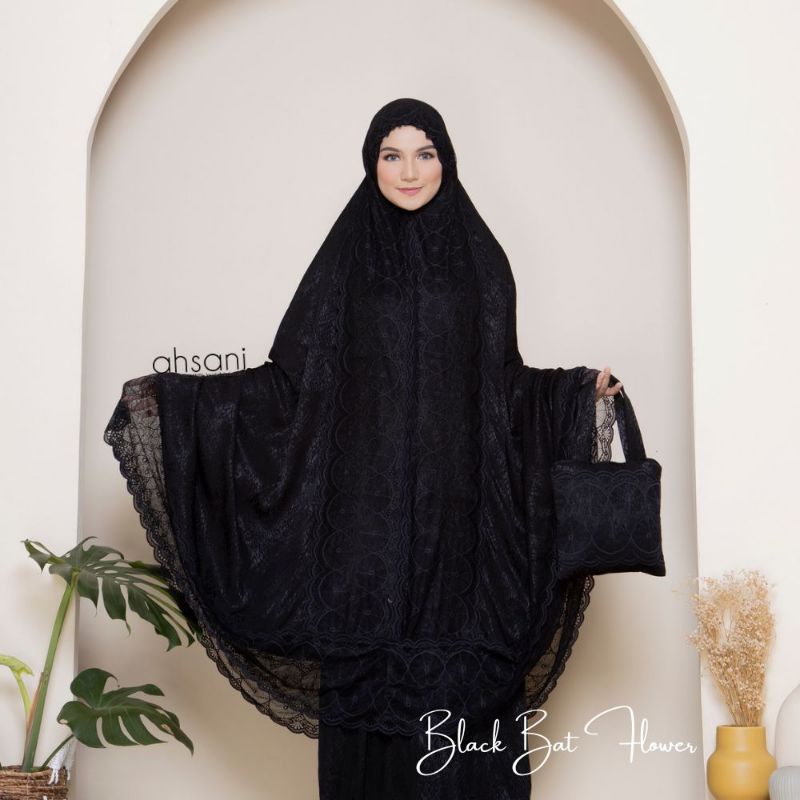 MUKENA TERBARU AHSANI ZAHRA EMBOS MUKENA CANTIK BLACK BAT FLOWER