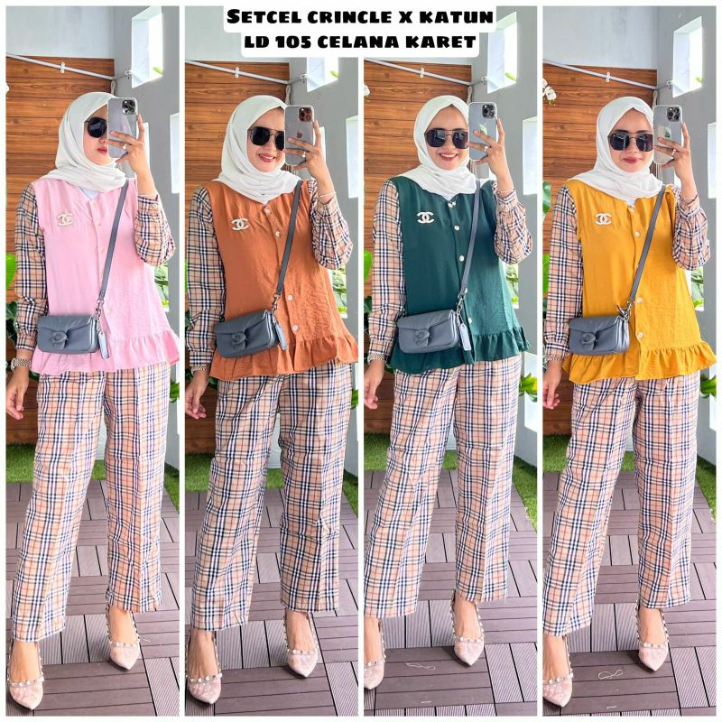 Berry Set, SETELAN WANITA SUPER DUPER CANTIK BAHAN KATUN CRINCLE MIX KATUN BURBERRY LD 105 TERMURAH OOTD