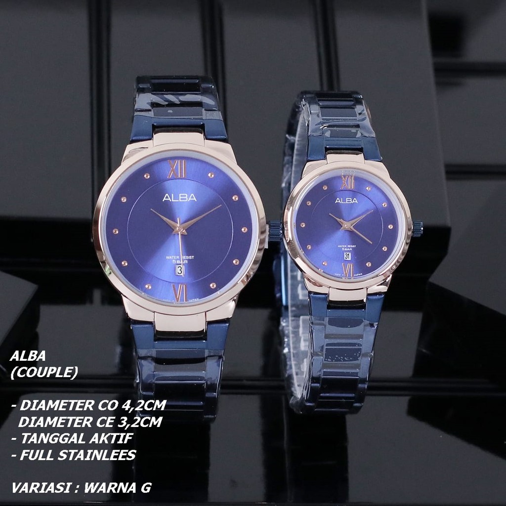 JAM TANGAN COUPLE ALBA RANTAI BODY BULAT DIAMOND TANGGAL AKTIF