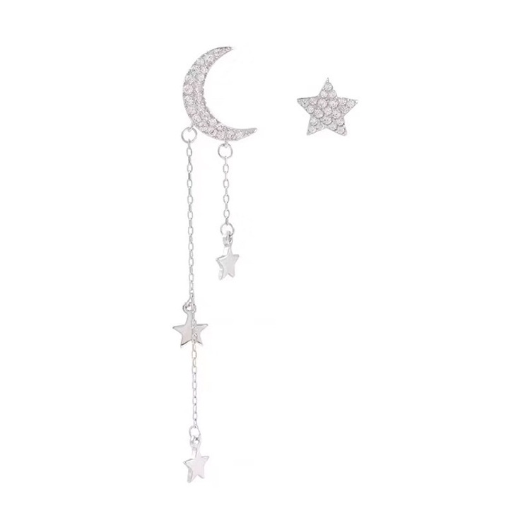 Anting Stud 925 Silver Needle Bentuk Bulan Bintang Rumbai Asimetris Gaya Minimalis