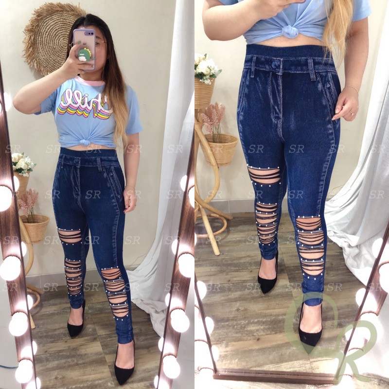Celana Legging Jeans Ripped Model Bolong Import Melar