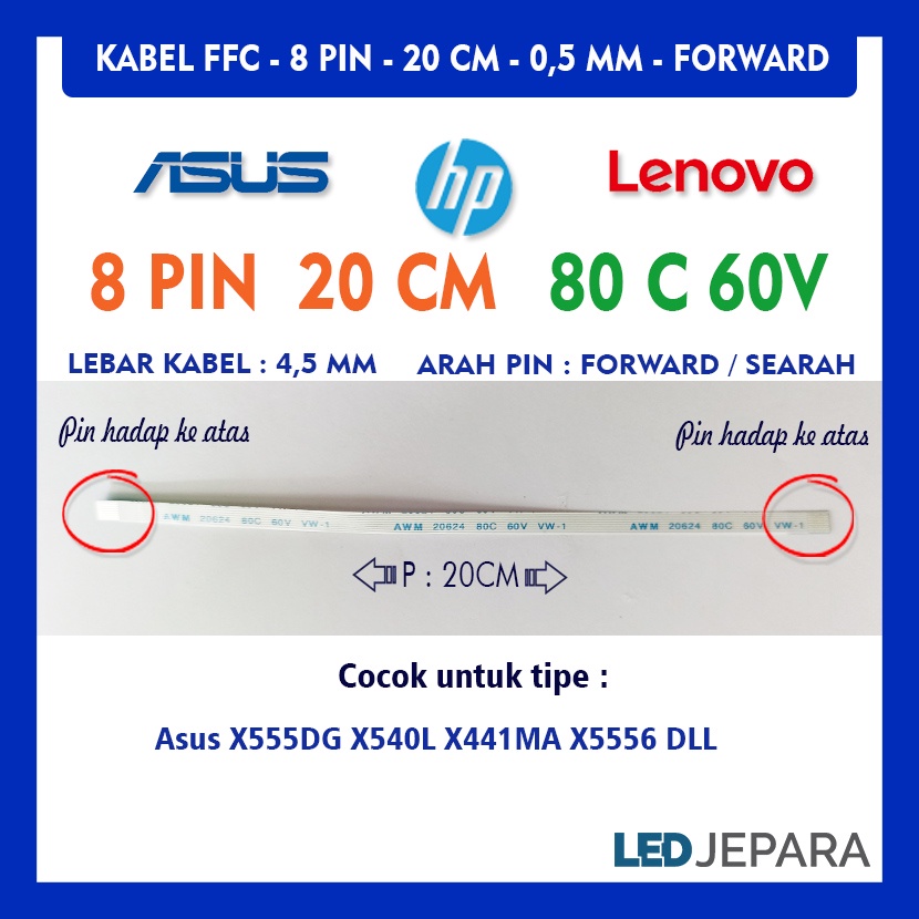 Kabel Touchpad Laptop 8 Pin 20 CM Forward Pin Hadap Atas Semua Asus X555DG X441MA X555l X550Z X550IU