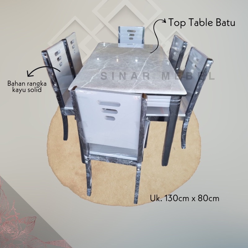 Meja Makan Batu Import Kayu Solid 6 kursi