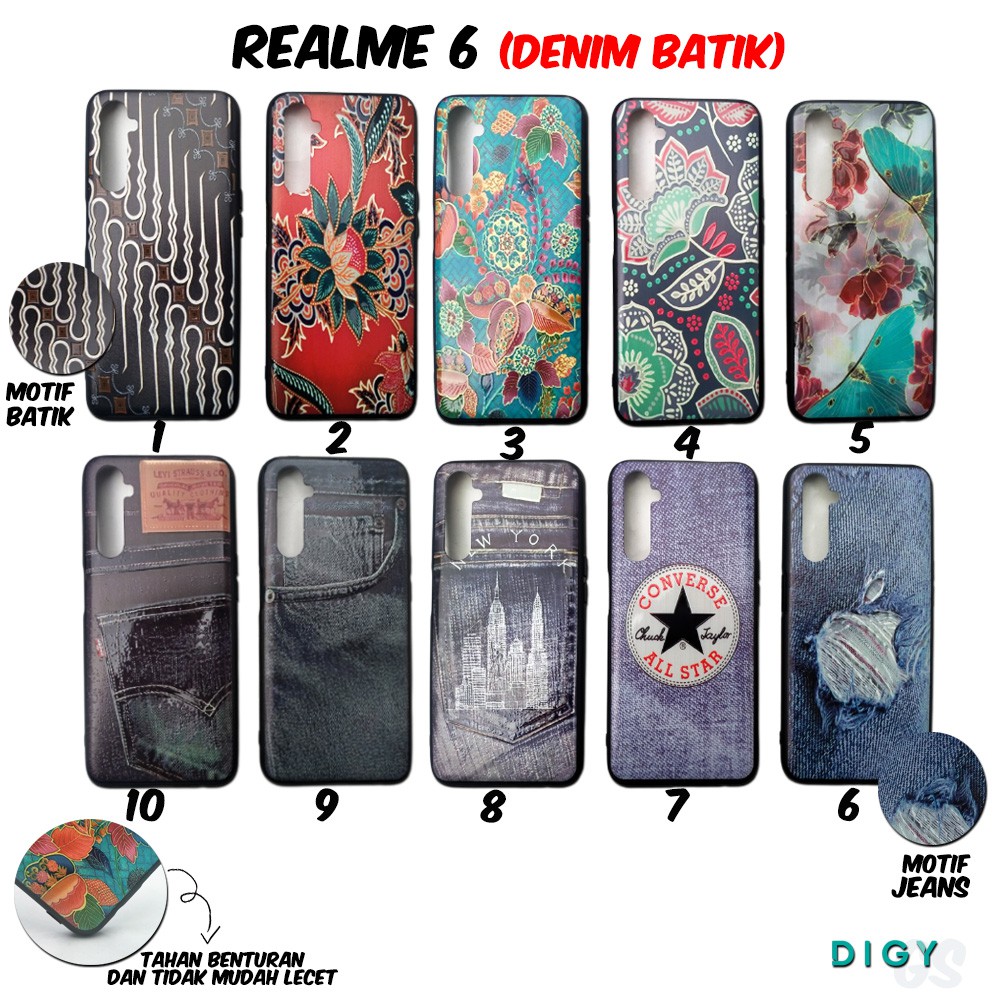 Case hp REALME 6  murah Motif Kulit Denim Case Fuze Motif Batik dan jeans