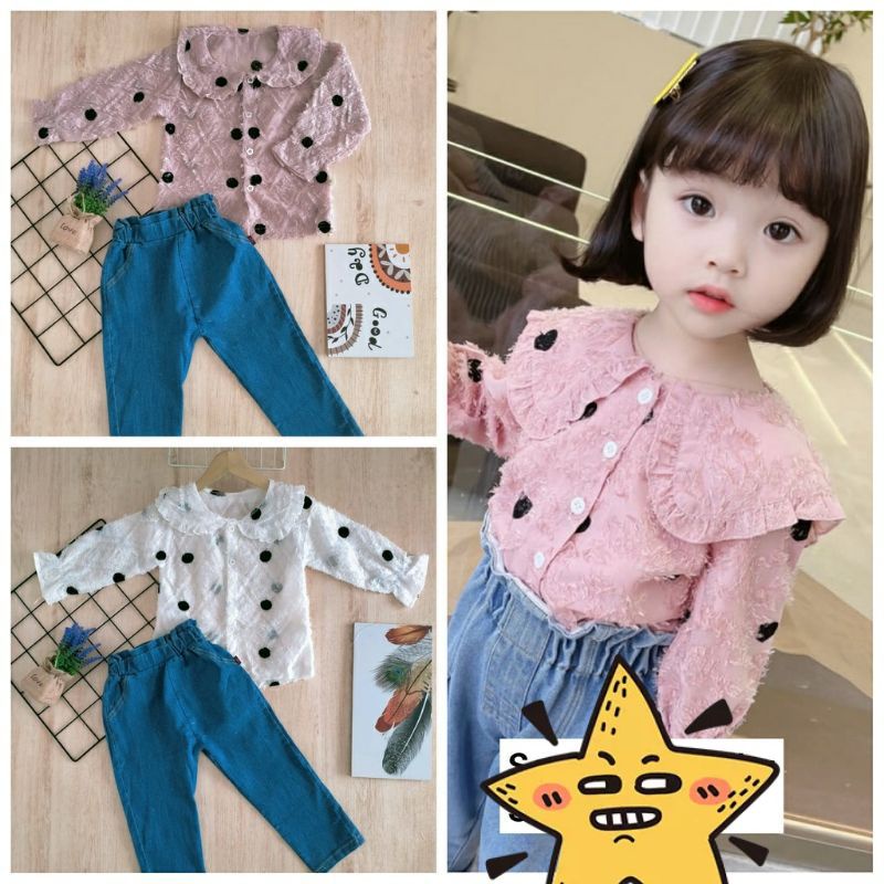 Setelan import  kemeja polka anak perempuan | set crinkle rubi import