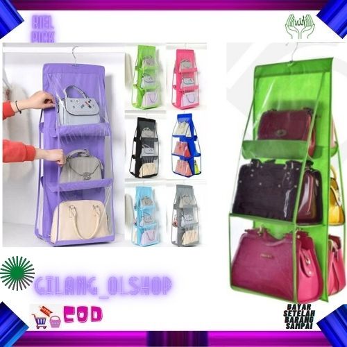 RAK TAS GANTUNG 3 SUSUN 6 SLOT POLOS PLASTIK BAG ORGANIZER HANGING