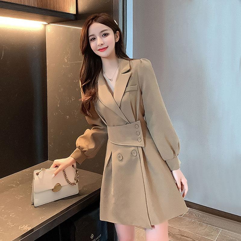 Suit collar long sleeve dress women's 2021 spring and autumn new small Korean design sense windbreak