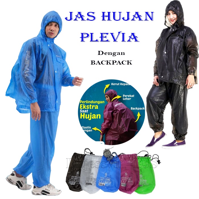 Jas Hujan Dewasa Pria Wanita Mantel Jaket Hujan Baju Celana PLEVIA Transparan BackPack Tas Punggung Diamond Adventure 7001