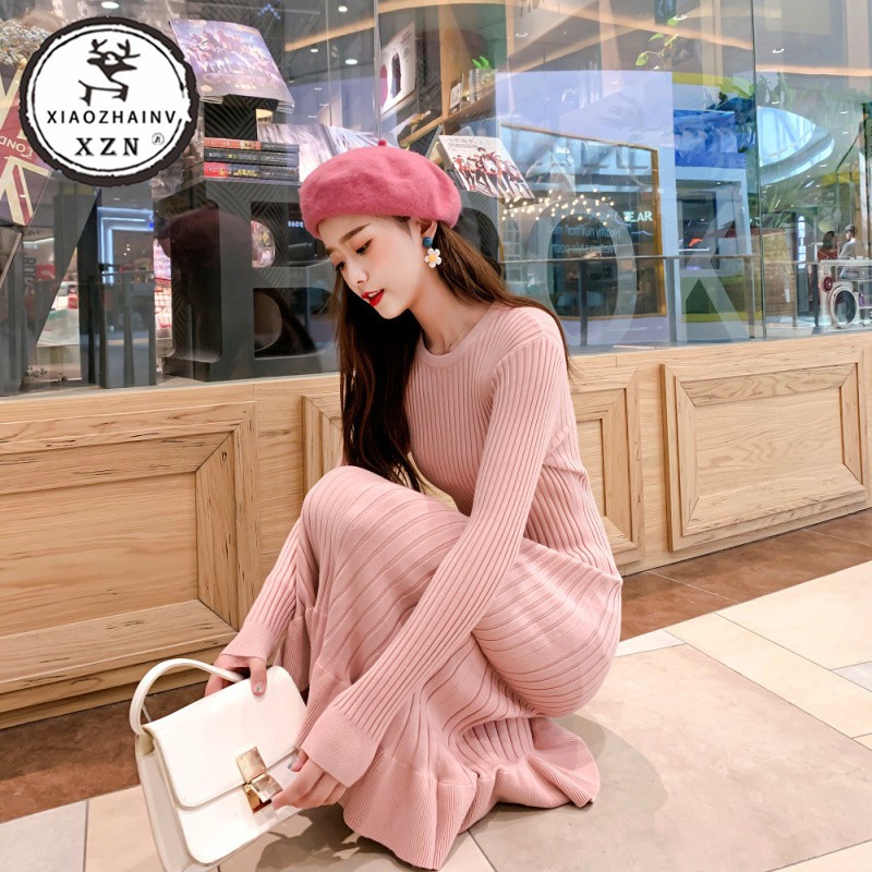  Xiaozhainv  Dress Sweater Rajut Slim Fit Casual Warna Polos 