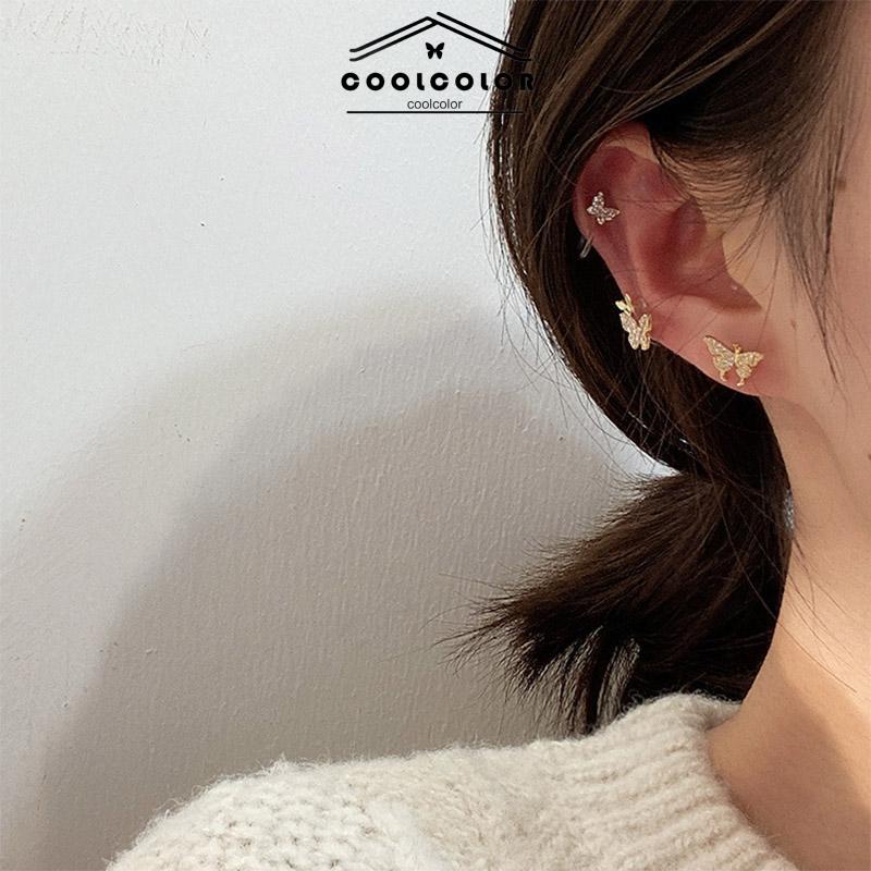 COD❤️1sepasang Anting Tindik Klip Telinga Wanita Kupu-kupu Kecil Anti Alergi Dan Anti Karat Penuh Berlian Mengkilap Kancing Telinga Aksesoris Fashion Korea Impor Murah