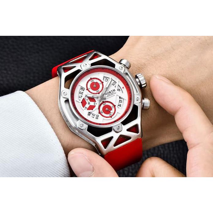 Jam Tangan Pria Original NORTH 7710 Chronograph Anti Air Red Silver JS263