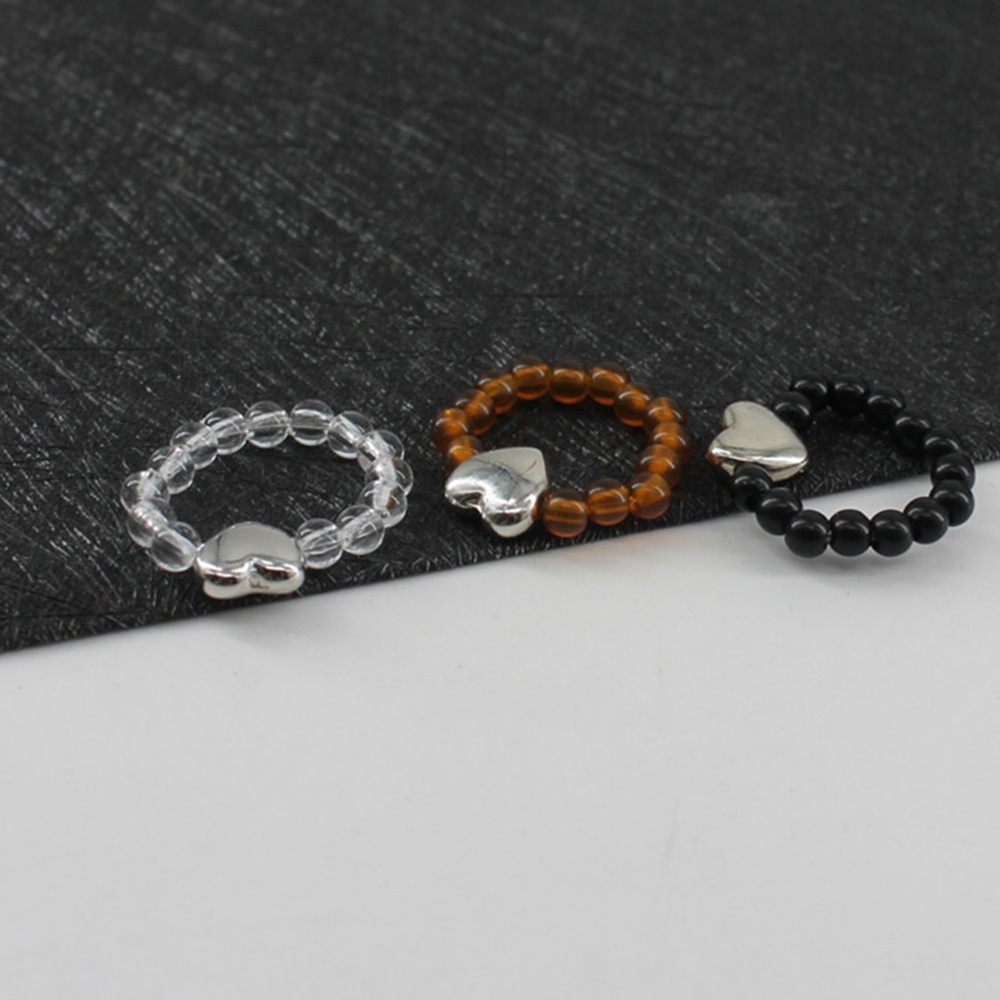 Cincin Manik-Manik Resin Elastis Handmade Warna Hitam Putih Gaya Vintage Untuk Wanita