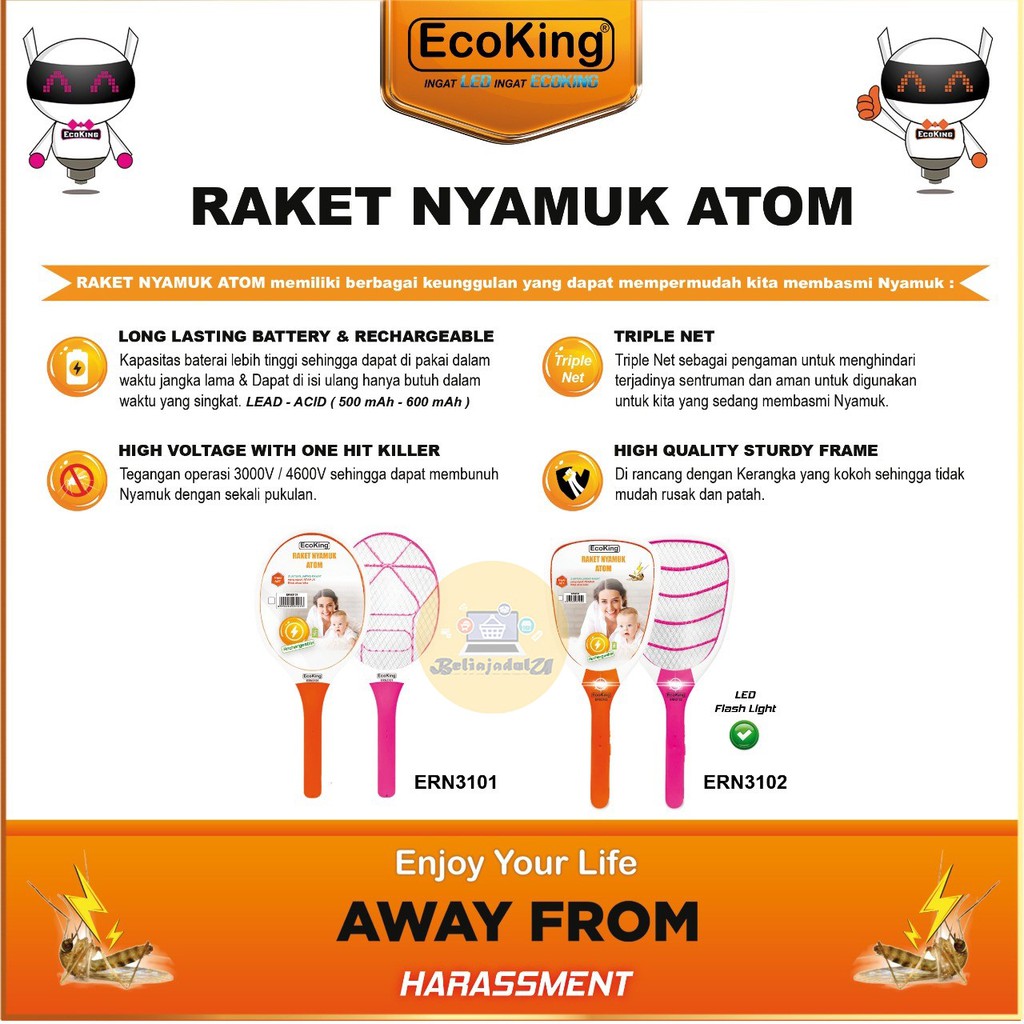 Beliajadulu88 raket nyamuk tepokan nyamuk raket listrik type ERN3101 Ecoking