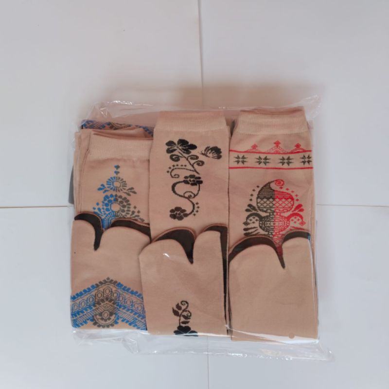 Grosir ( 12 pasang ) kaos kaki jempol muslimah wanita dewasa bahan nilon lembut non kemas termurah-1lsn motif random