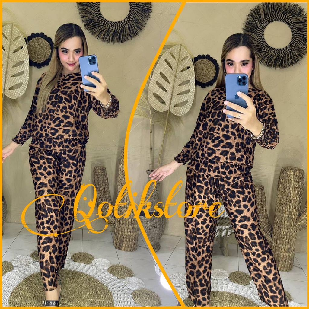 Setelan Wanita Kekinian Import Korean Style Motif Leopard Celana Kulot / Setcel Rayon Premium Jumbo 